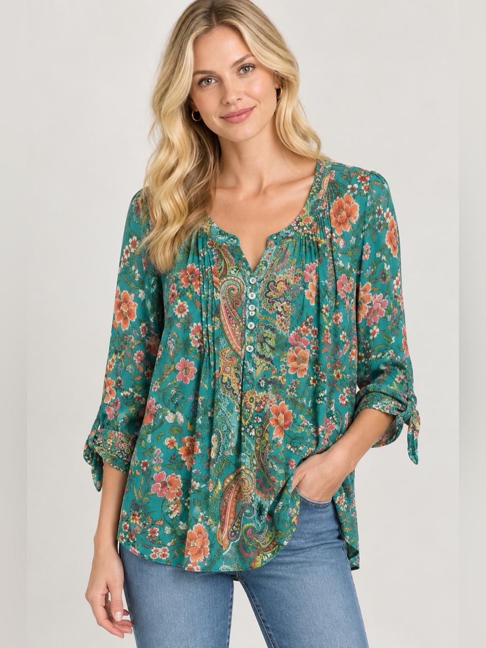 fig and flower Teal Floral Paisley Button-Front Tunic Size 1X